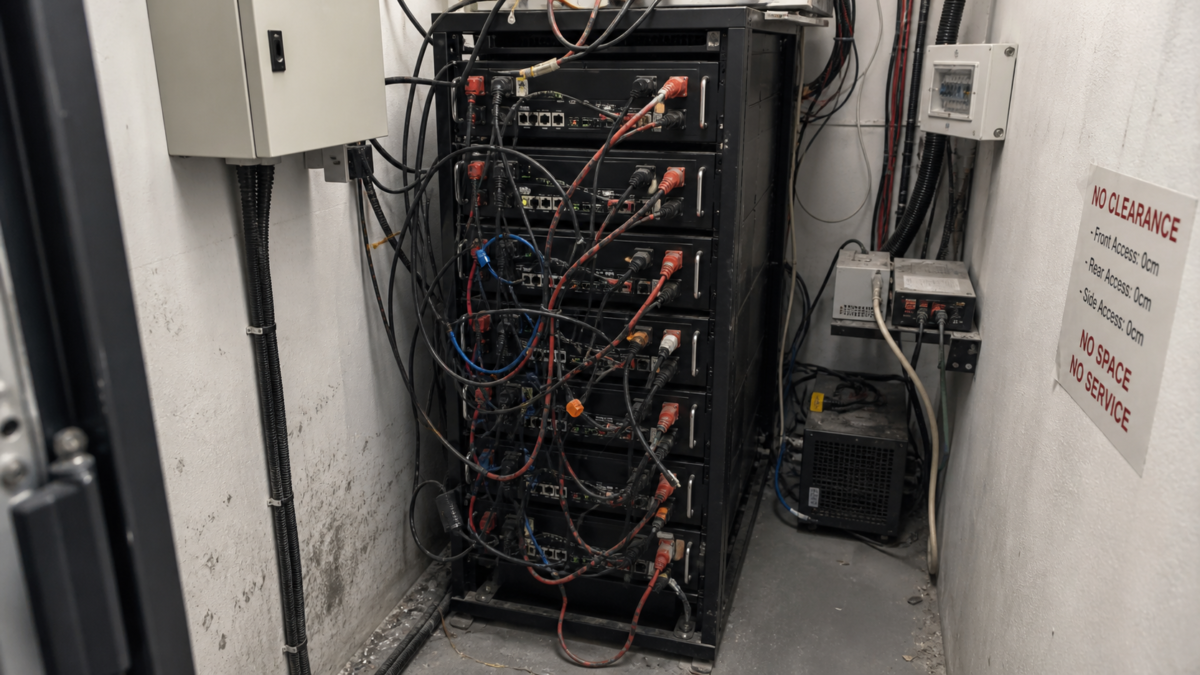 A cramped equipment room with a poorly installed rack battery showing tangled wires and zero maintenance clearance.