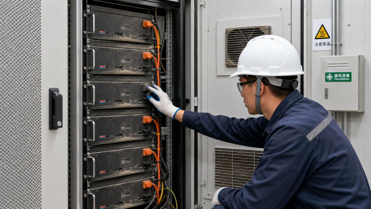 An engineer inspecting a rack battery inside an industrial cabinet, checking for dust buildup and proper ventilation.