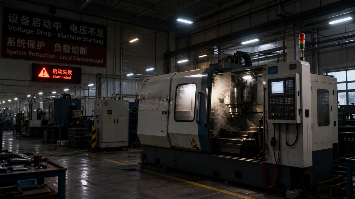 A factory floor with flickering lights as a large machine struggles to start, illustrating a power system unable to meet peak demand.