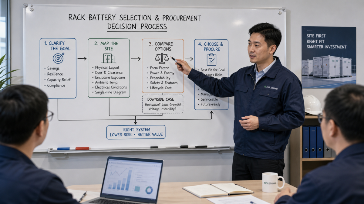 A project manager pointing to a clear decision flowchart on a whiteboard for procuring an energy storage system.