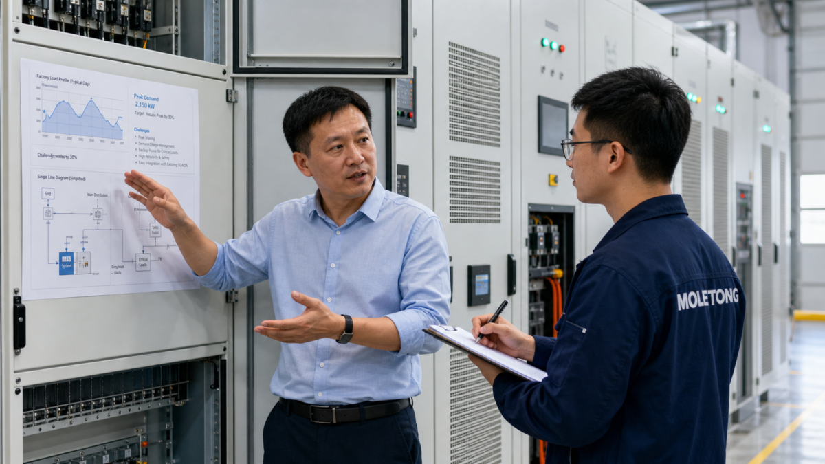 A client explaining their factory's energy needs to a Moletong engineer in front of electrical cabinets