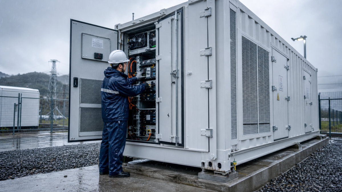 A technician servicing a large liquid-cooled BESS container unit in the field under challenging weather conditions