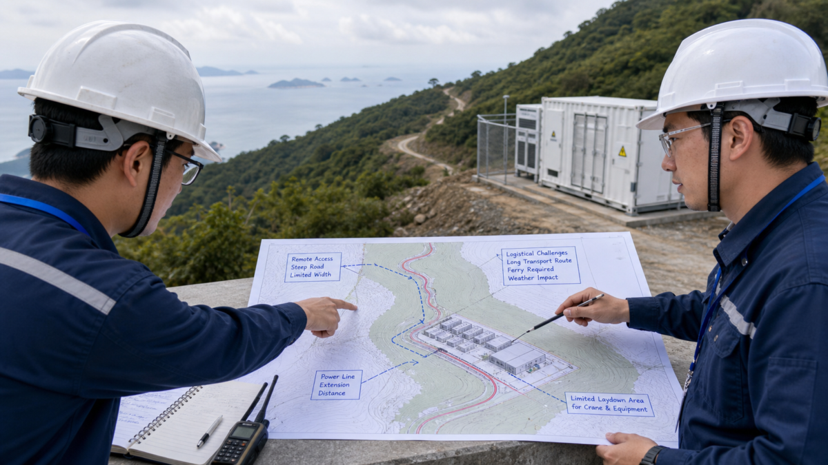 Two engineers discussing a BESS project site map, pointing out remote access and logistical challenges