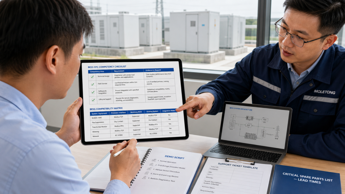 A buyer reviewing a detailed BESS competency checklist and compatibility matrix on a tablet with an engineer