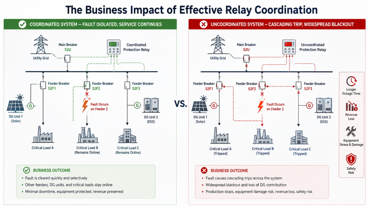 The Business Impact of Effective Relay Coordination A diagram comparing a coordinated grid isolating a fault versus an uncoordinated grid experiencing a cascading blackout