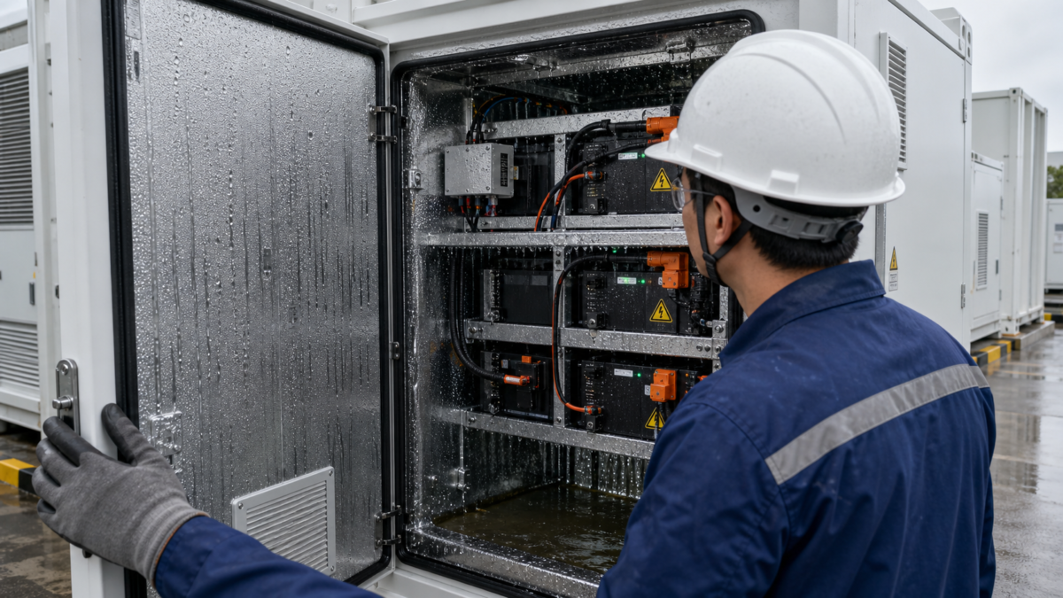 High Humidity Inside a BESS Reveals a Deeper System Issue. A technician opens a battery energy storage system enclosure revealing condensation on the interior walls and components.