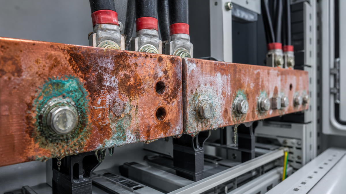 Humidity Reveals the Real Constraint Beyond the IP Rating. Close-up view of a corroded copper busbar inside a humid BESS cabinet, showing the effects of moisture.