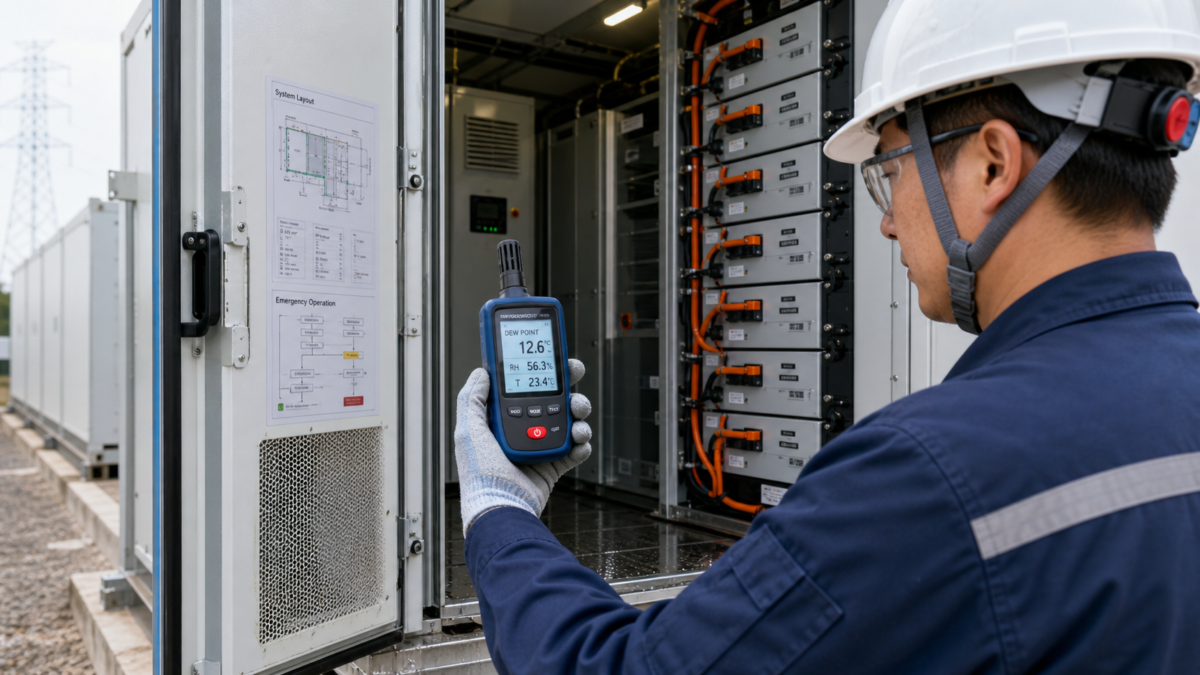 Measuring Real-World Humidity and Dew Point in a BESS. An engineer holds a digital hygrometer measuring the dew point inside an open BESS container during an inspection.