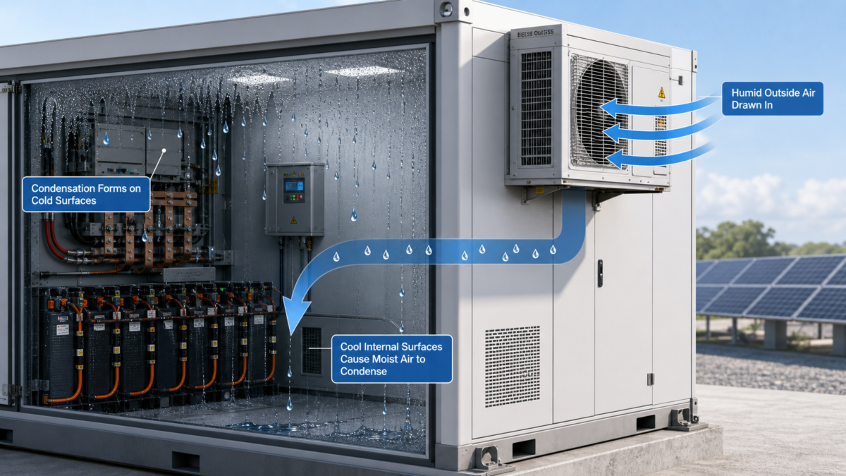 How Thermal Design Can Create Condensation in BESS Enclosures. An HVAC unit on a BESS enclosure with arrows showing humid air being drawn in, creating condensation inside.