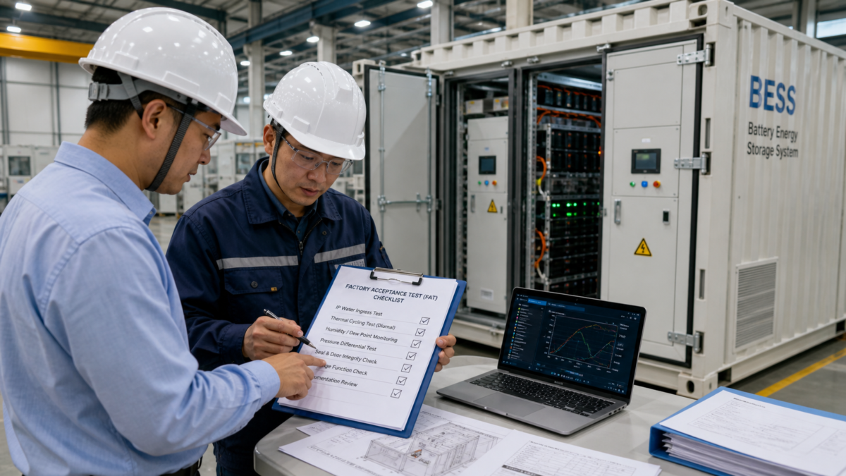 Requesting the Right Acceptance Tests for BESS Water Ingress. A buyer and a supplier's engineer review a checklist during a factory acceptance test for a BESS.