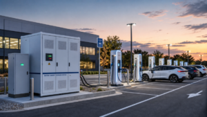 An integrated BESS cabinet connected to multiple EV chargers in a commercial parking lot at dusk