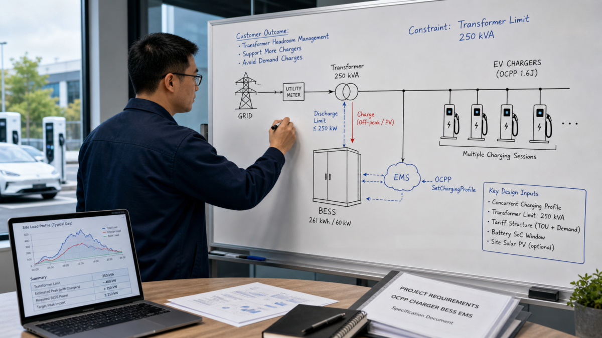 An engineer at a whiteboard sketching a diagram of grid BESS and EV chargers for a client