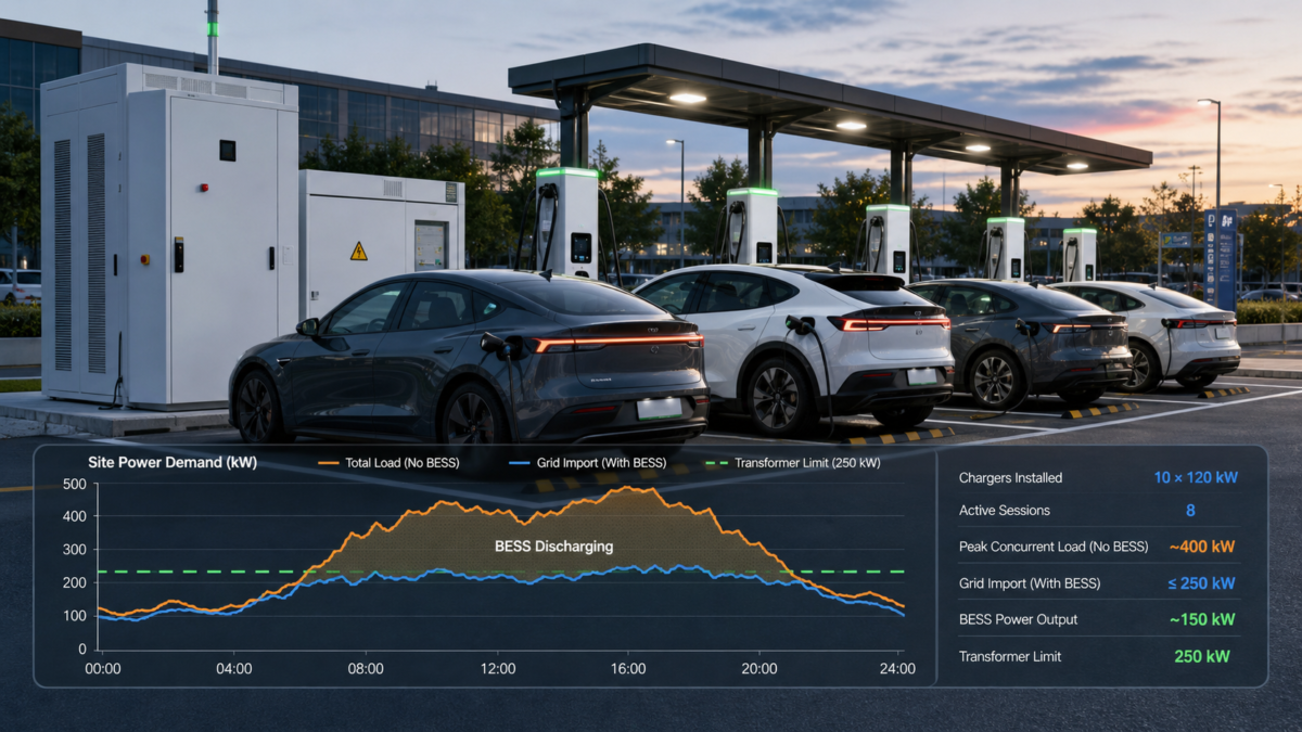Several electric vehicles charging simultaneously at a busy station with a power load graph overlay