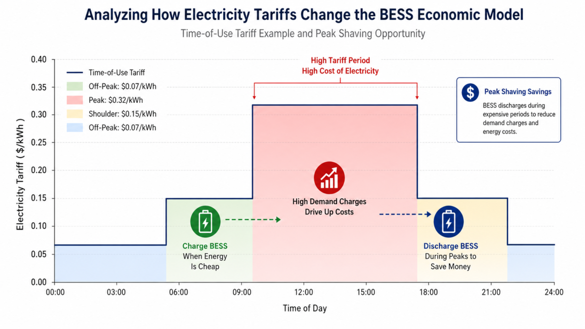 A graph showing electricity tariffs with high peaks illustrating the opportunity for peak shaving savings with a BESS