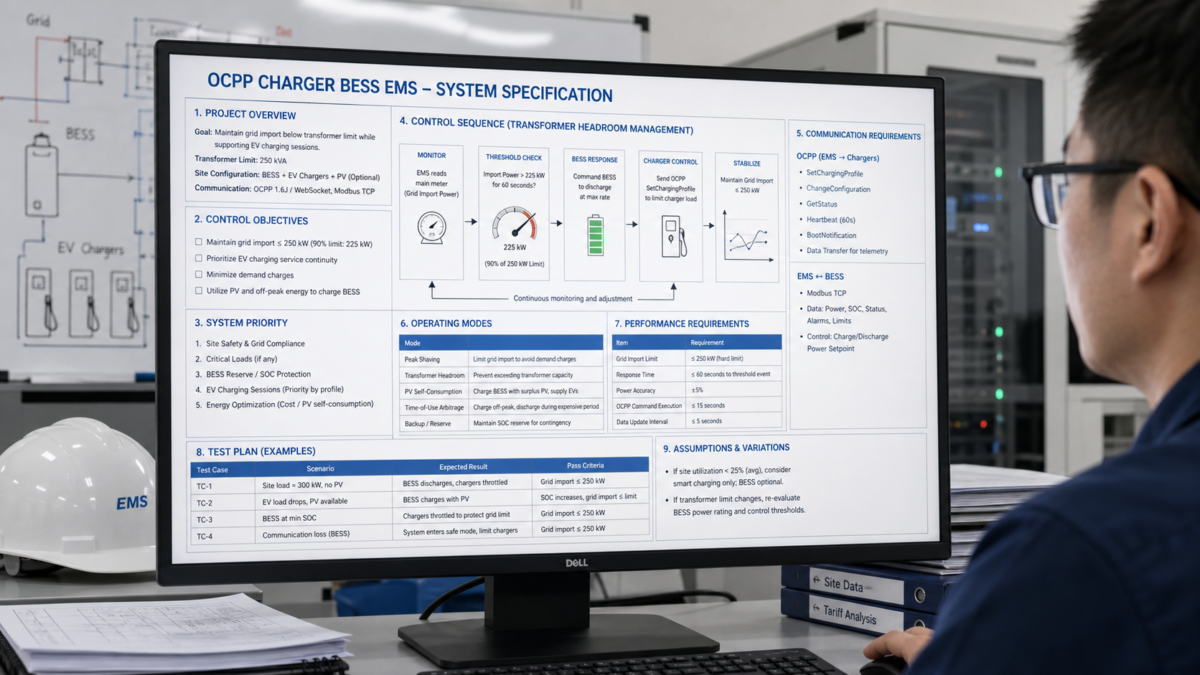 A detailed technical specification document on a screen showing control sequences for an OCPP charger and BESS