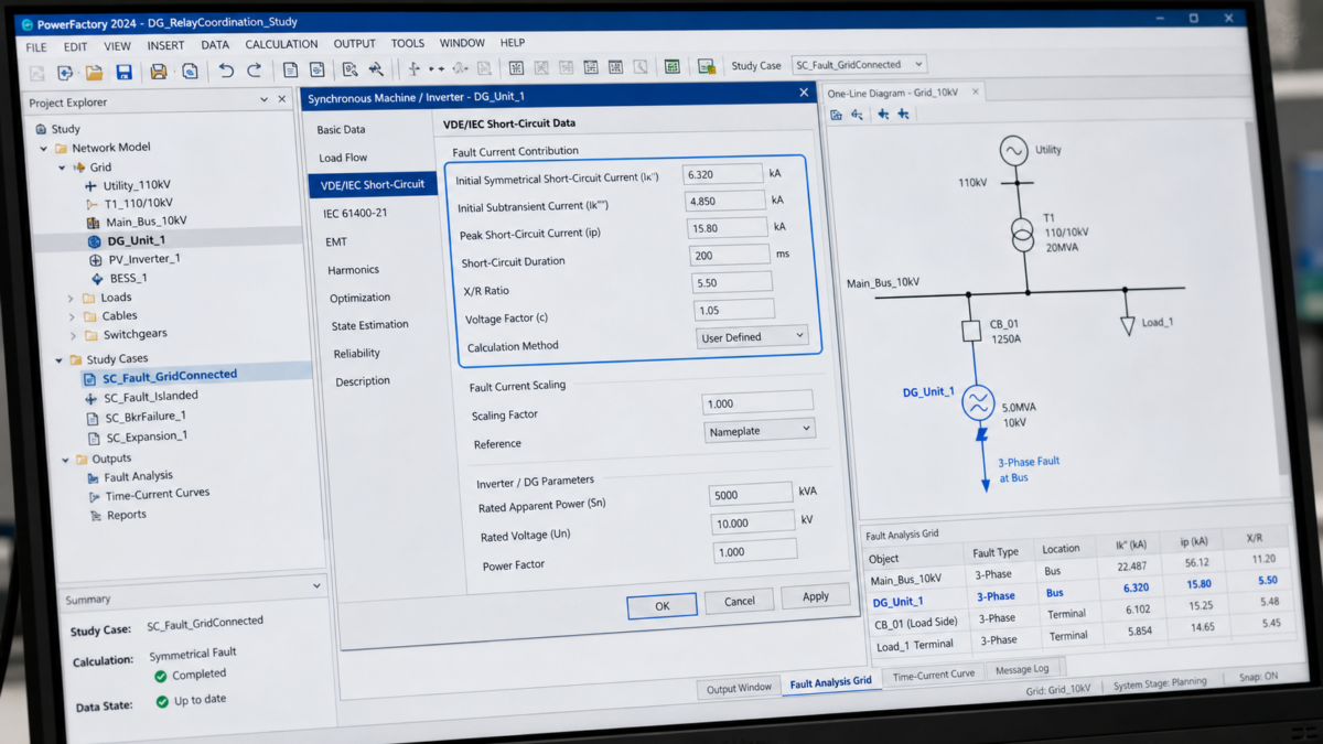 Scrutinizing Critical Inputs for Relay Coordination Studies A close-up of a power system analysis software screen highlighting fault current input parameters for a DG unit