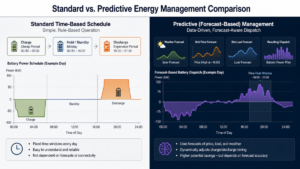 A split-screen graphic showing a simple time-based battery schedule versus a complex predictive energy forecast chart.