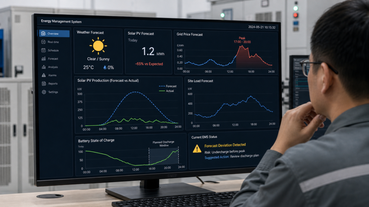 An energy management system dashboard displaying conflicting data points like a sunny weather icon next to a low solar production graph.