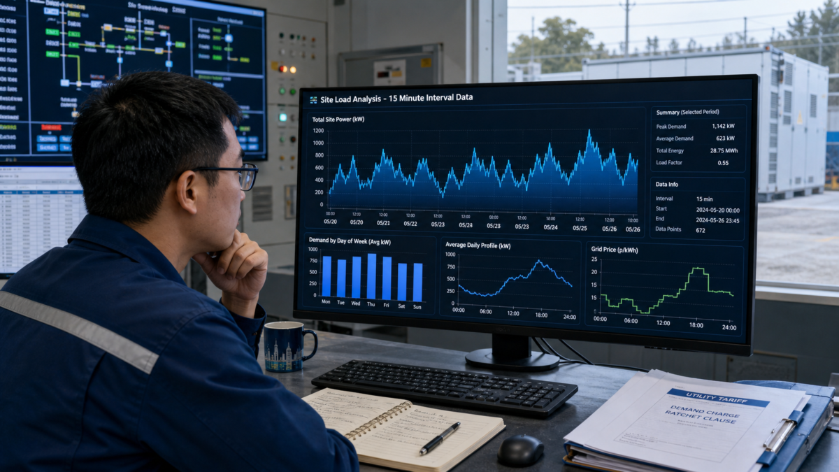 A technician analyzing detailed 15-minute interval electricity usage graphs on a computer screen inside an industrial control room.