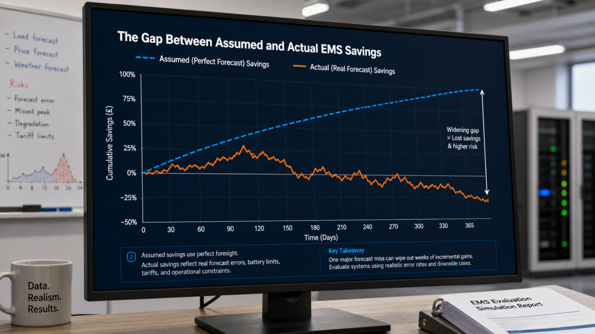 A chart with a dotted line showing a perfect 'assumed' energy savings curve diverging widely from a jagged 'actual' savings line.