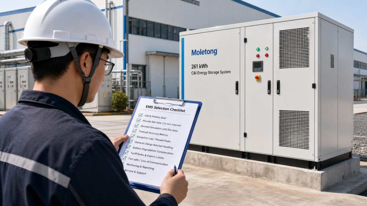 A person holding a clipboard with a checklist, inspecting a Moletong 261 kWh commercial and industrial energy storage system.