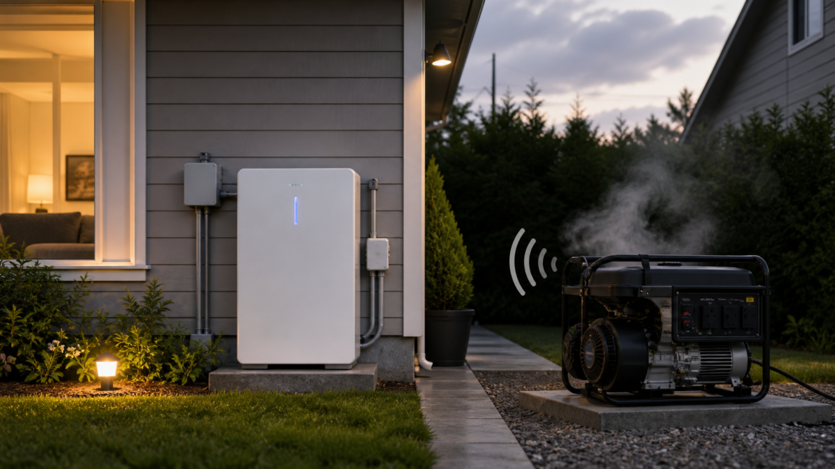 A side-by-side view showing a quiet residential battery backup and a traditional noisy generator