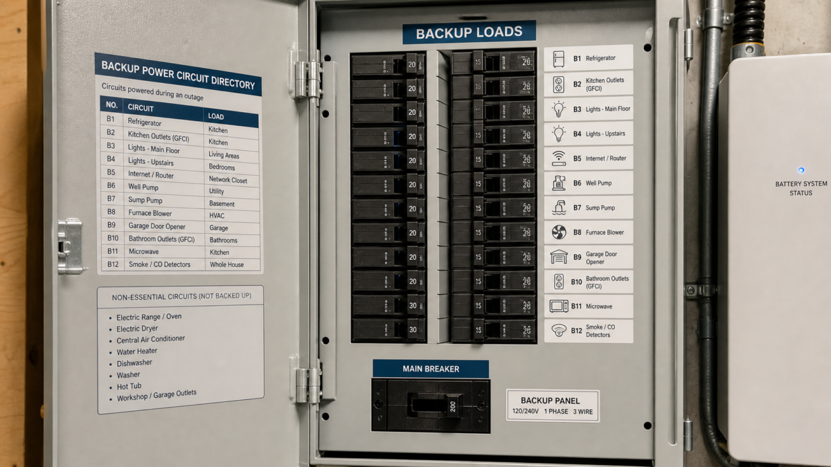 A detailed electrical panel with specific circuits labeled for backup power during an outage