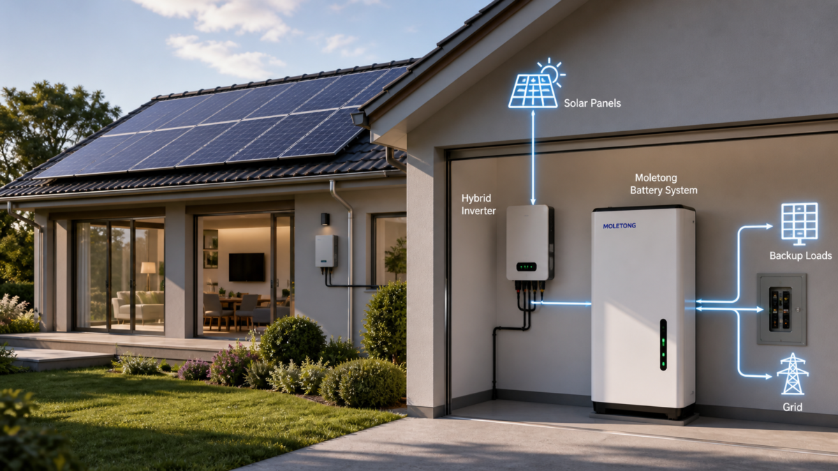 A modern home with solar panels on the roof connected to a Moletong battery system