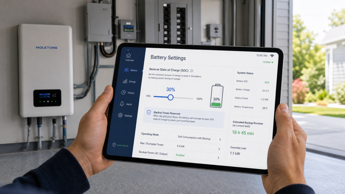 A user interface on a tablet showing the reserve setting for a home battery system