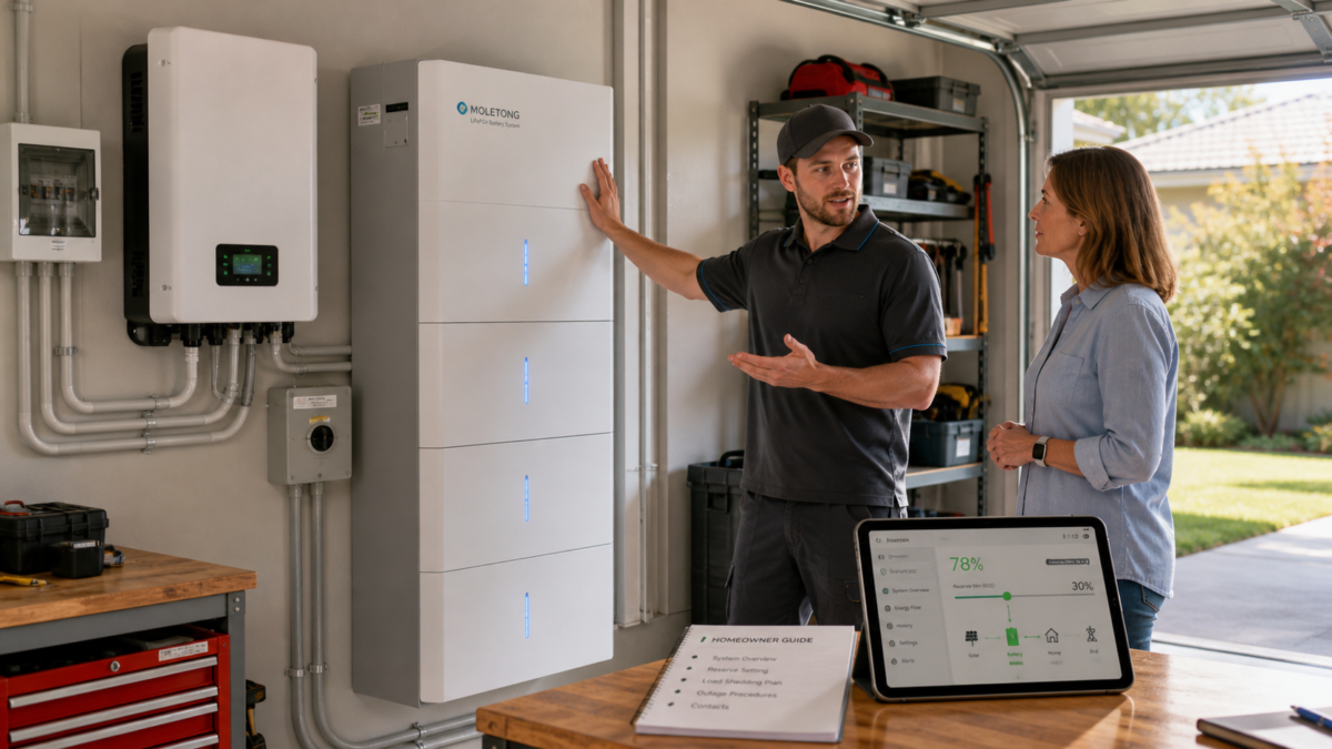 An installer explaining a home battery system's features to a homeowner in their garage