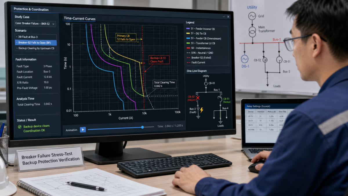 Simulating Downside Scenarios to Test Relay Performance An animated simulation on a computer screen showing relay trip curves during a breaker failure stress-test scenario