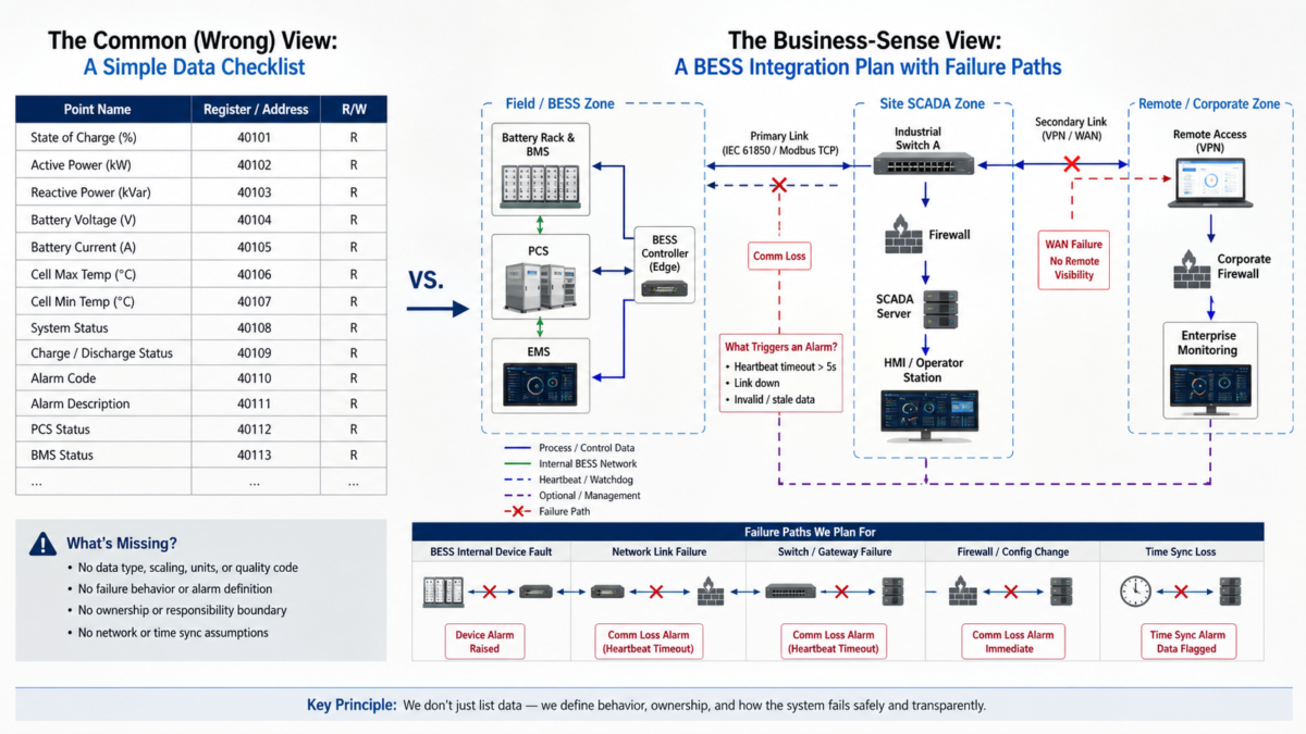 A diagram contrasting a simple data checklist with a detailed BESS integration flowchart showing failure paths.