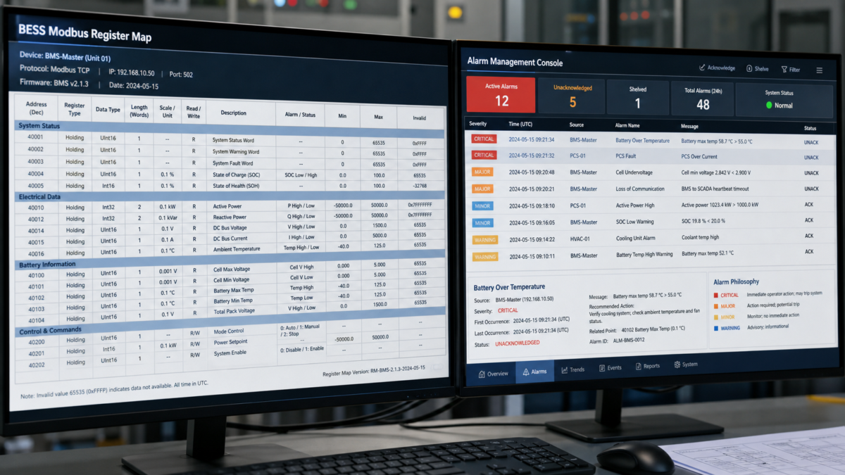 A screen showing a detailed BESS Modbus register map next to an alarm management console.