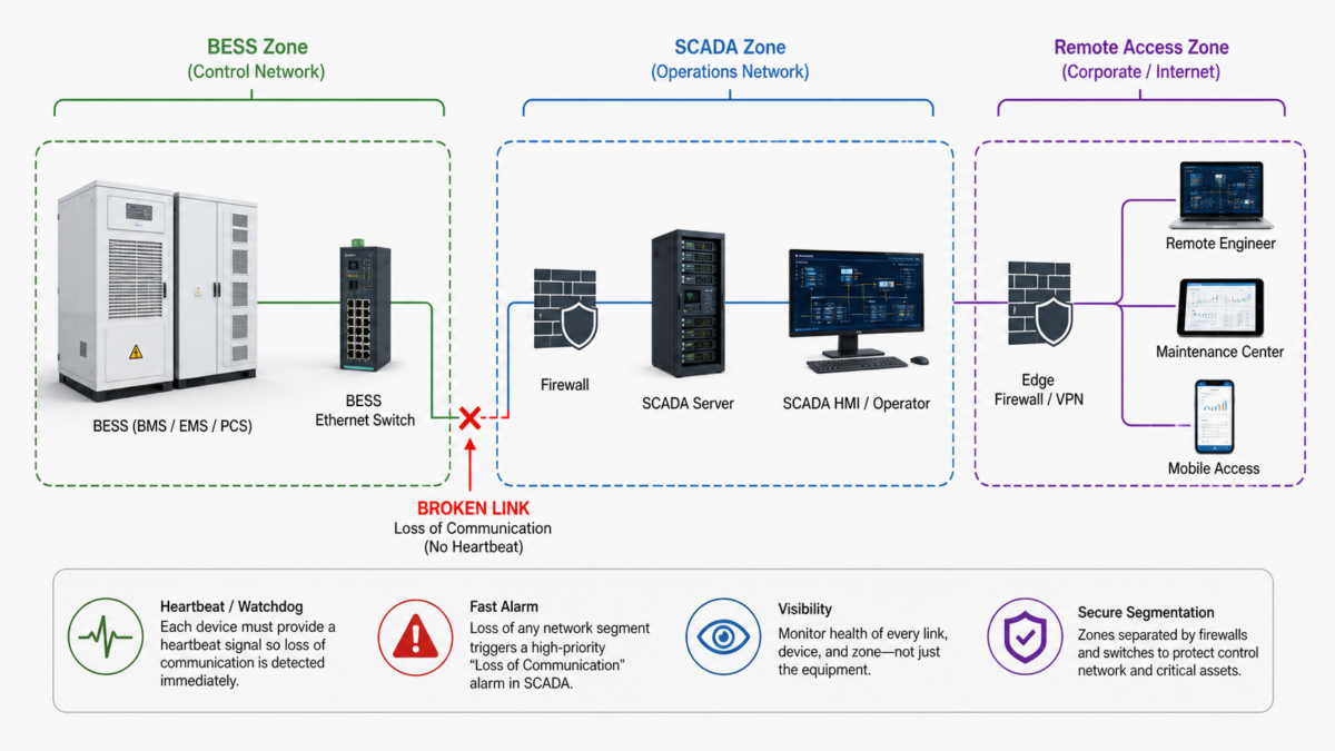 A simplified network diagram showing BESS, SCADA, and remote access zones with a visible broken link.