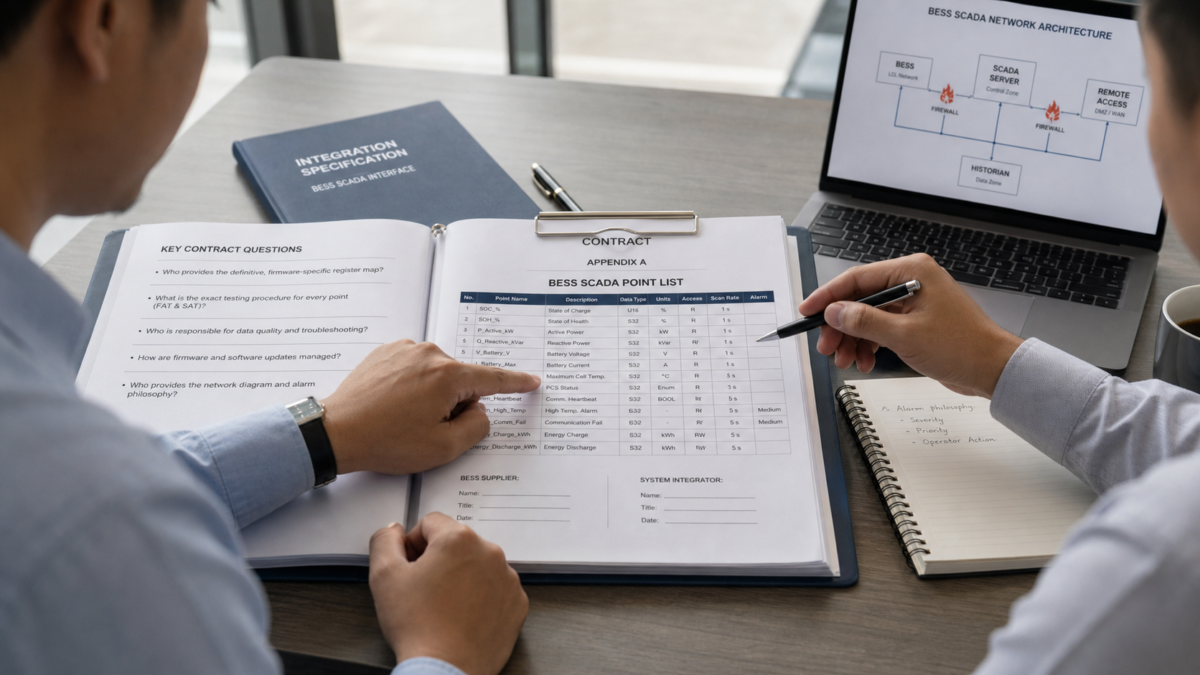 Two people at a desk pointing to a BESS SCADA point list appendix in a contract.