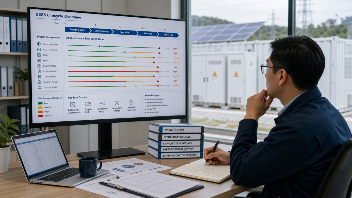 Understanding the Long-Term Risks of BESS Obsolescence A project manager reviewing a complex BESS lifecycle chart showing potential obsolescence risks over time