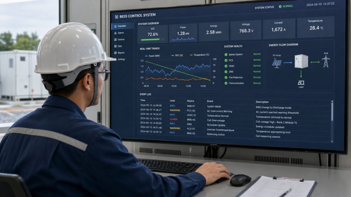 The Importance of Data in Managing BESS Guarantees An engineer monitoring a BESS control panel displaying key performance indicators and operational event logs