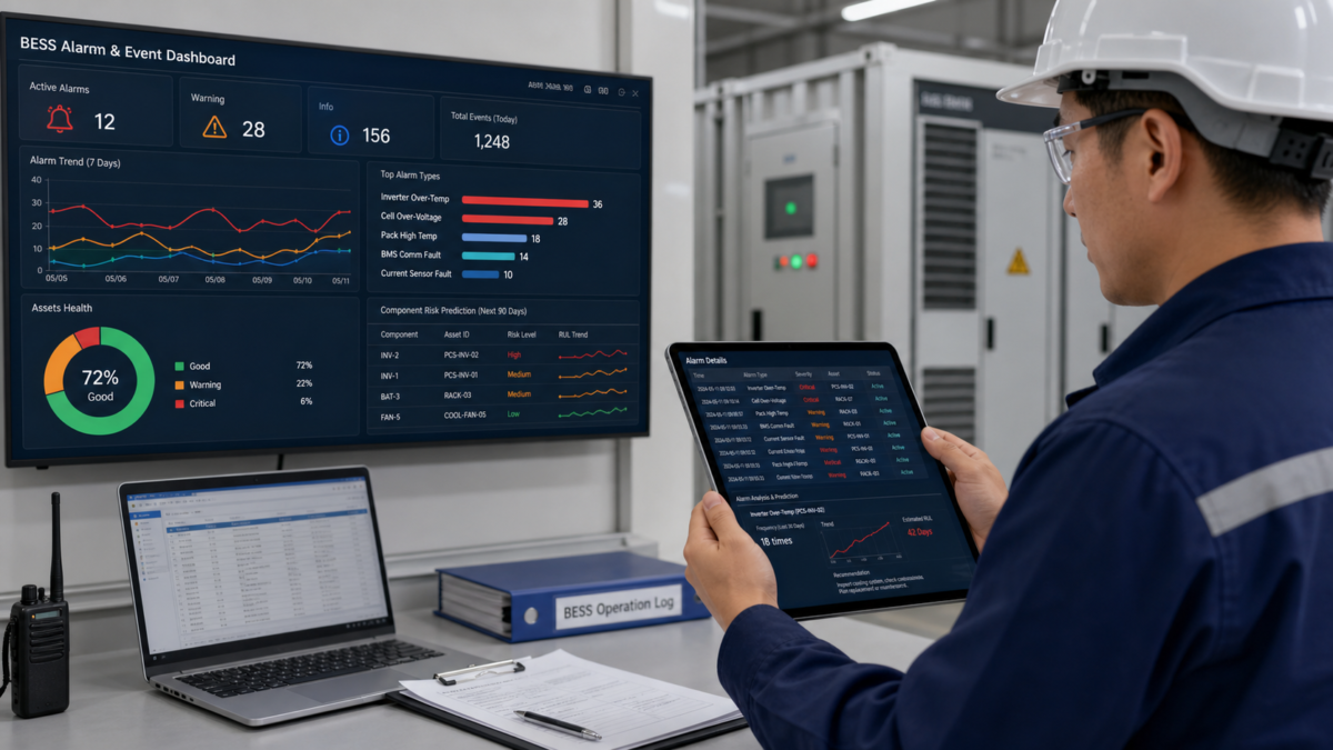 Using Alarms for Predictive BESS Component Management A technician on a tablet analyzing BESS alarm data to predict future maintenance needs
