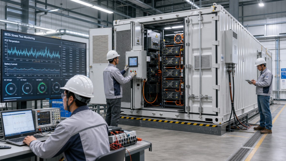 Balancing Performance and Safety in BESS Design Engineers conducting a stress test on a BESS container in a controlled industrial environment