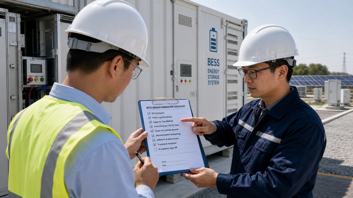 Final Checks for BESS Project Handover A client and an engineer reviewing a BESS design handover checklist on a clipboard
