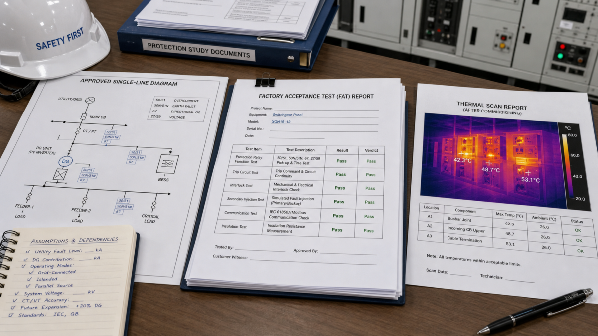 Essential Documents for a Buyer's Verification Plan A set of essential verification documents on an engineering table: single-line diagram, FAT report, and thermal scan image