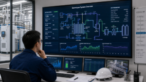 Engineer reviewing complex electrolyzer system schematics on a large monitor in a control room.