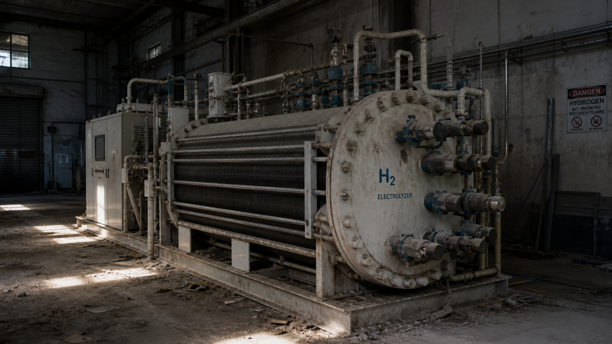 A large industrial electrolyzer unit sitting idle and dusty in a poorly lit facility.