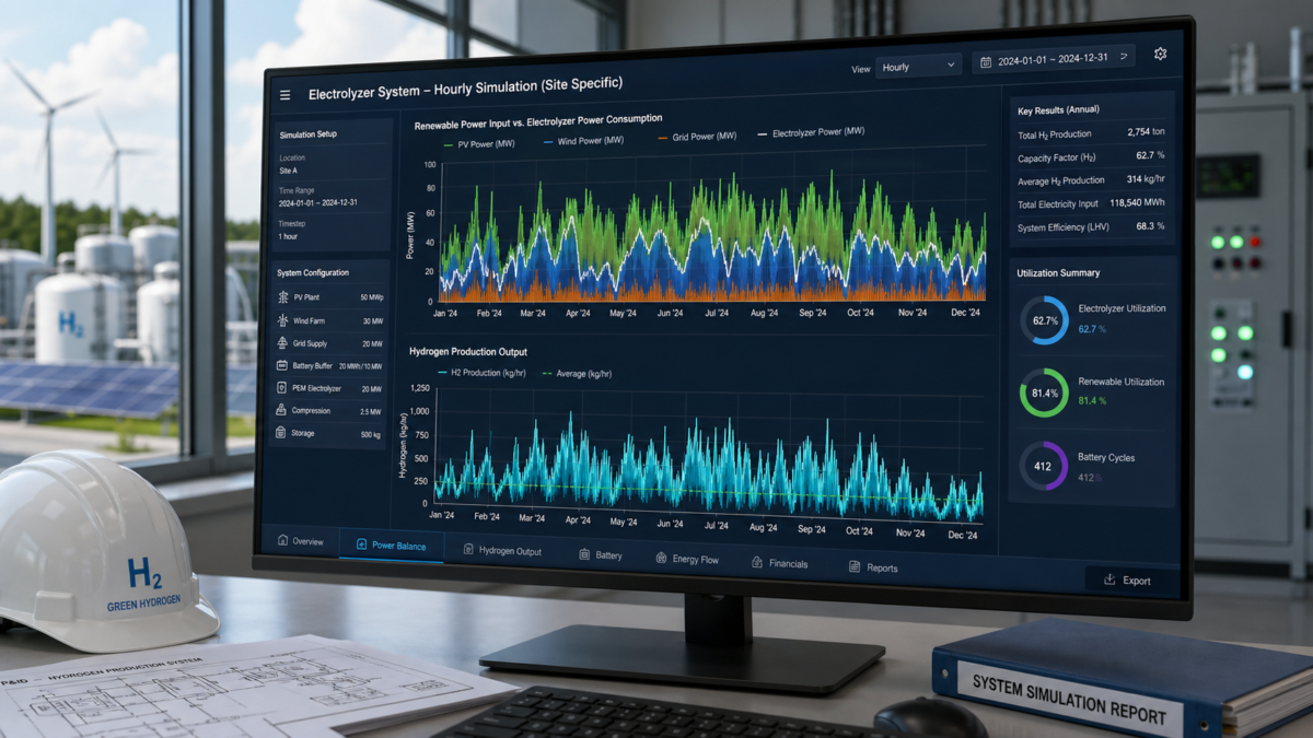 A computer screen showing a detailed hourly simulation graph of renewable power input and hydrogen output.