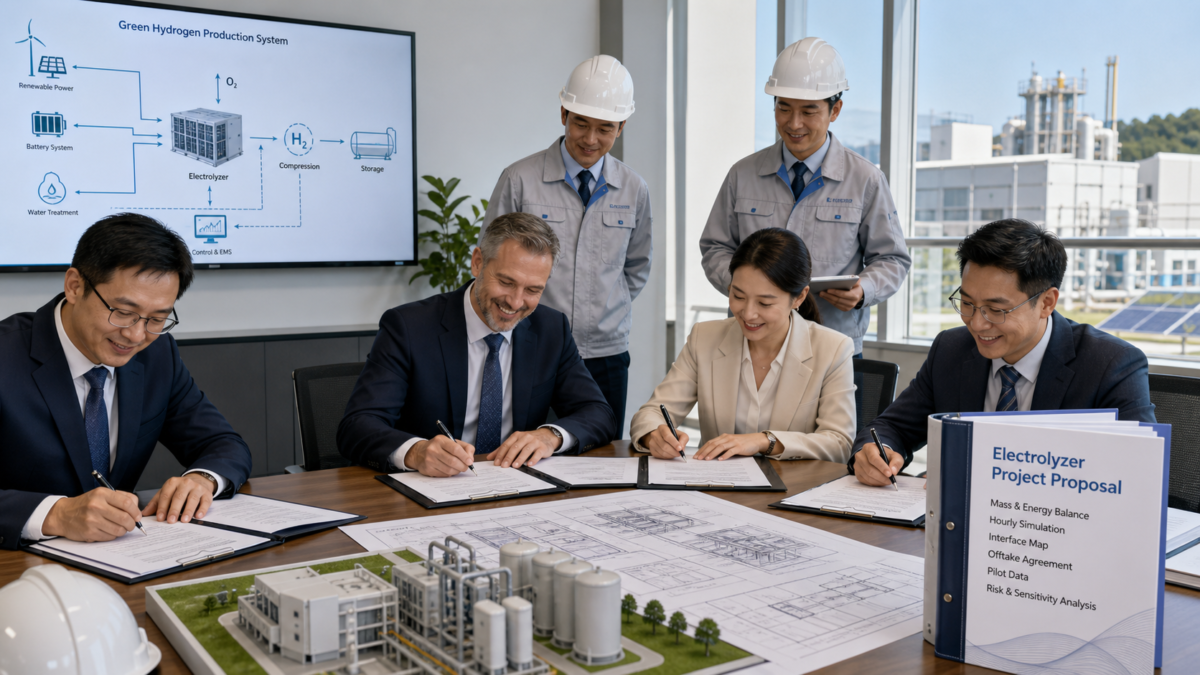 A group of investors and engineers confidently signing documents around a table with project blueprints.