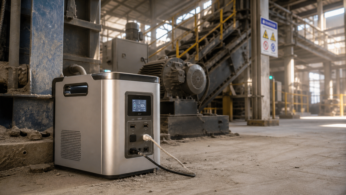 A semi solid power bank operating in a hot and dusty industrial factory environment next to heavy machinery.
