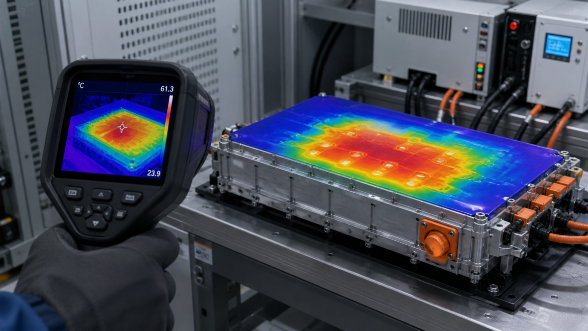 A thermal imaging camera shows the hot and cool spots on the surface of a semi solid battery during operation.
