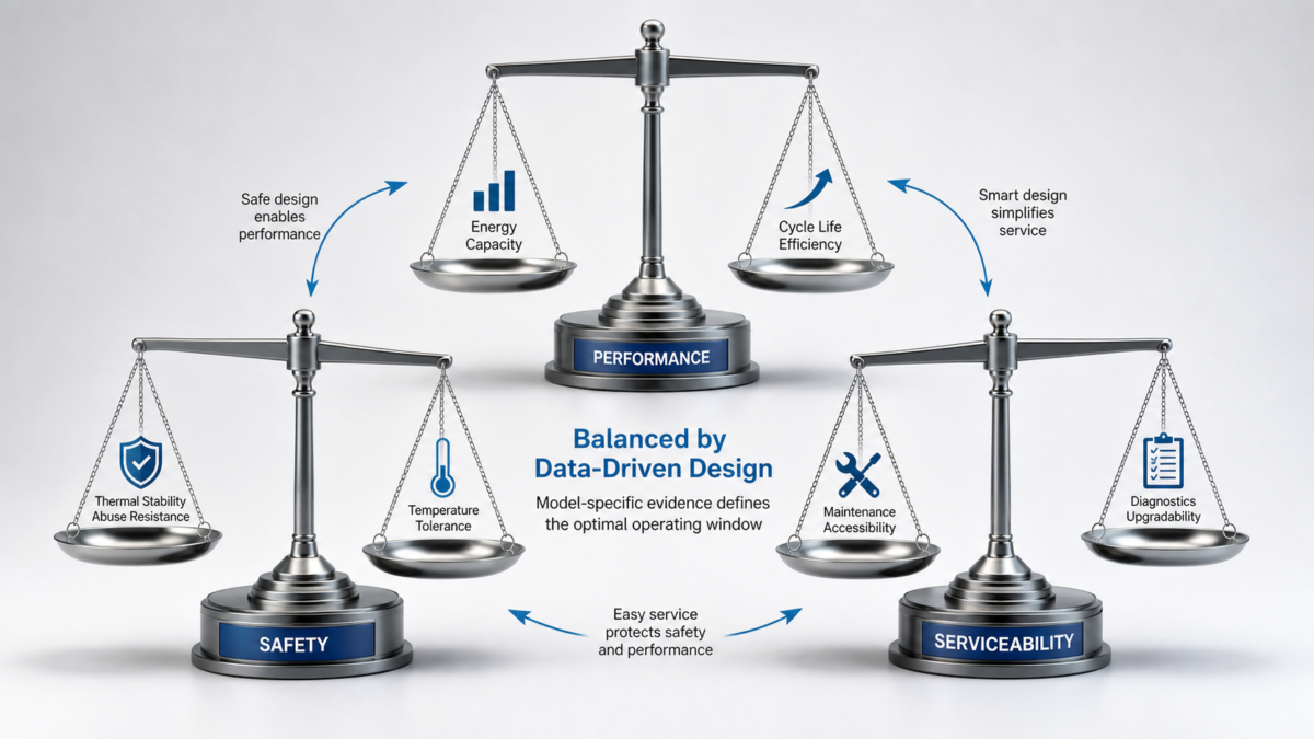 A diagram of three balanced scales labeled Performance, Safety, and Serviceability showing their interconnected relationship.