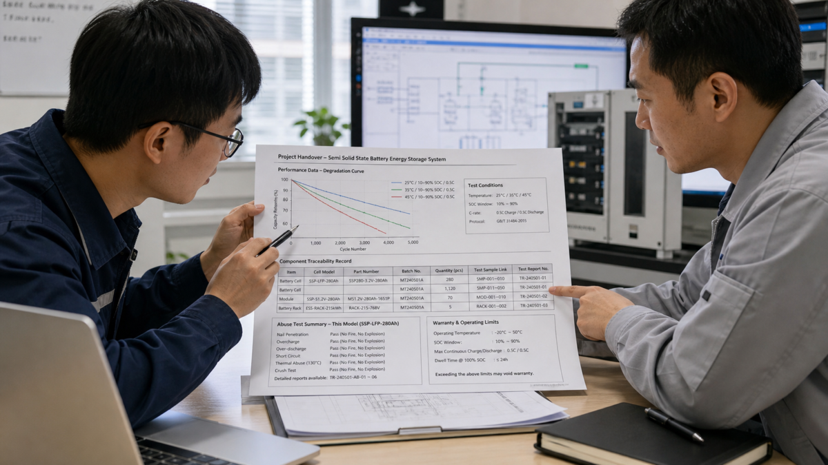 Two engineers in an office pointing to a technical document with performance charts and a traceability record on it.