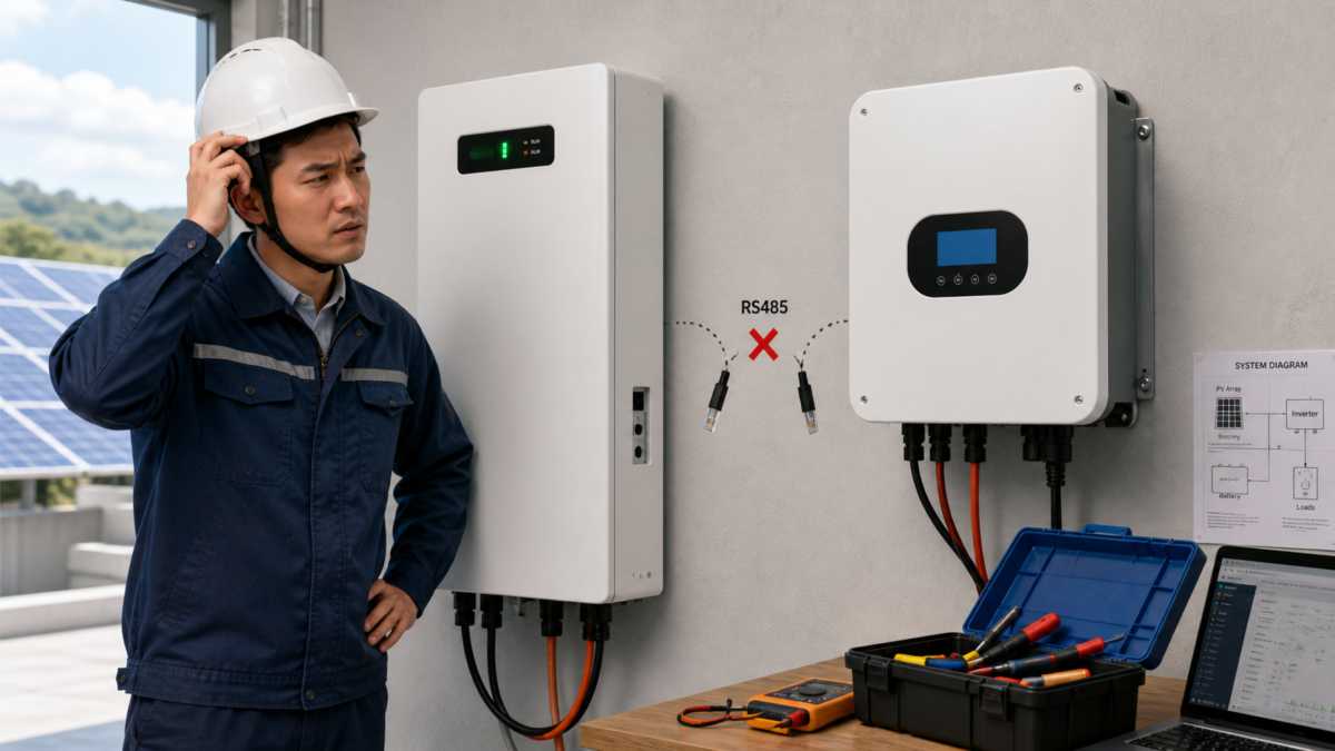 Understanding Battery-Inverter Communication Challenges. An engineer looking confused at a battery and an inverter with a disconnected RS485 cable between them.